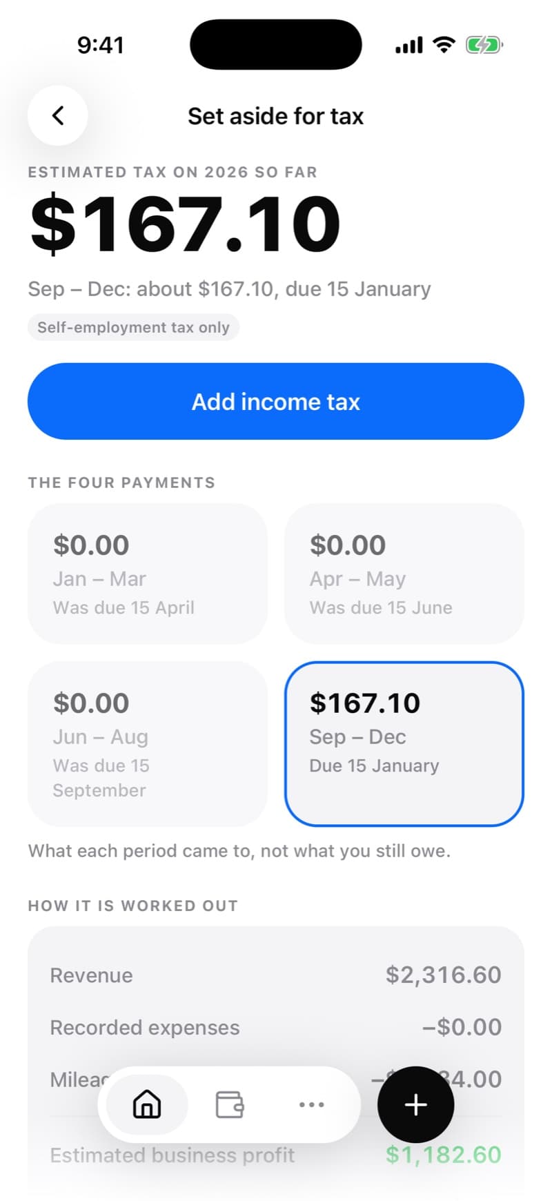 Pacepin's tax screen: $167.10 to set aside so far this year, split into the four quarterly payments.