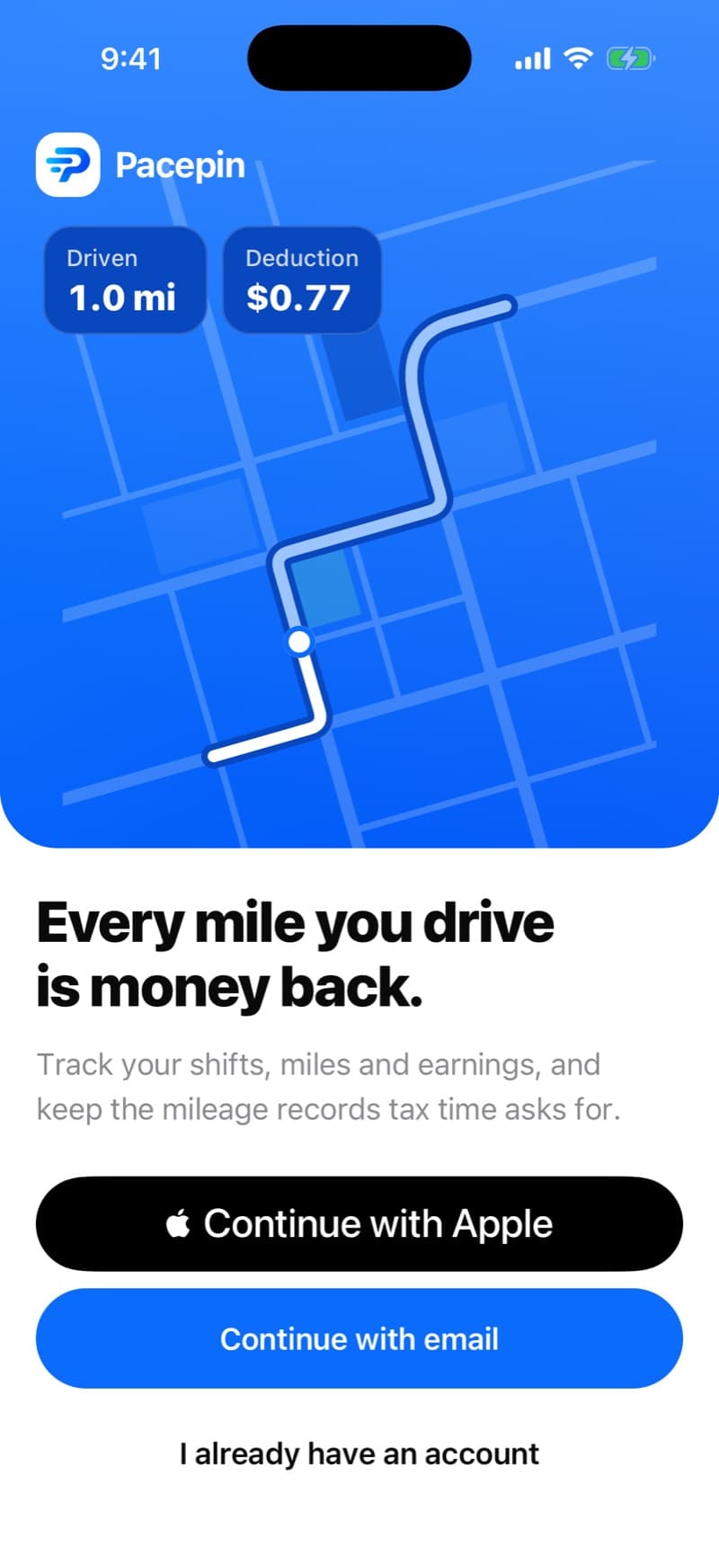 Pacepin's welcome screen.